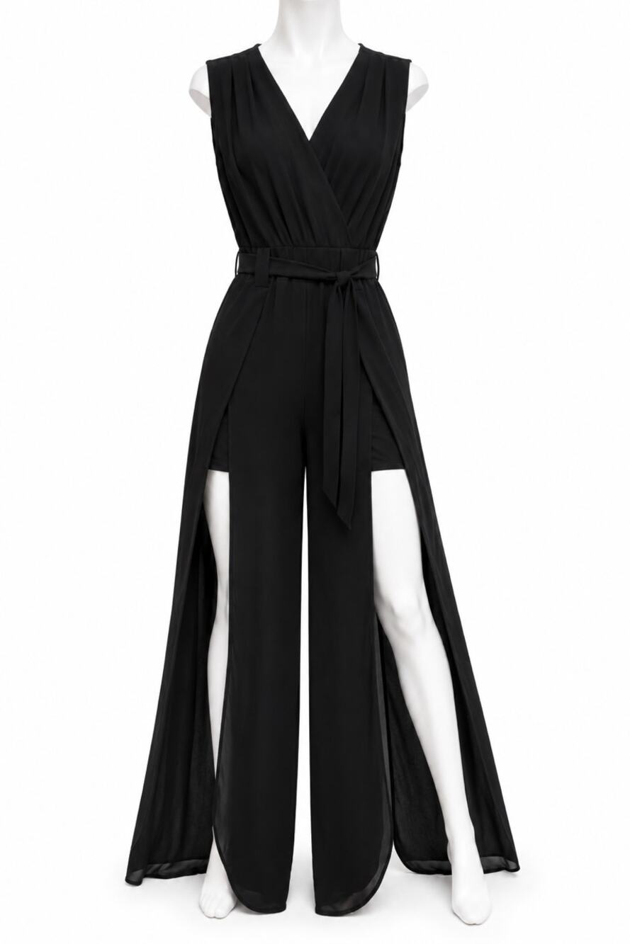 Black Wide Leg Jumpsuit Dramatic Side Slit Culottes,Overlay Romper Belted  12